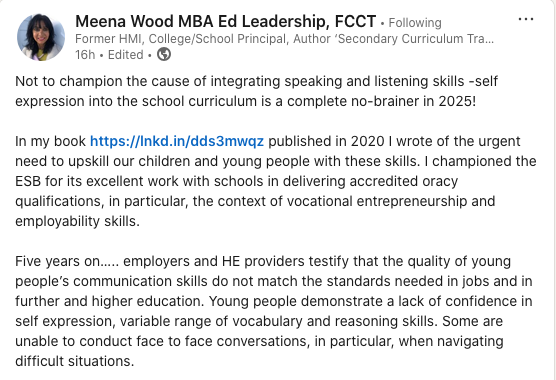 A screenshot of Meena Wood's LinkedIn post