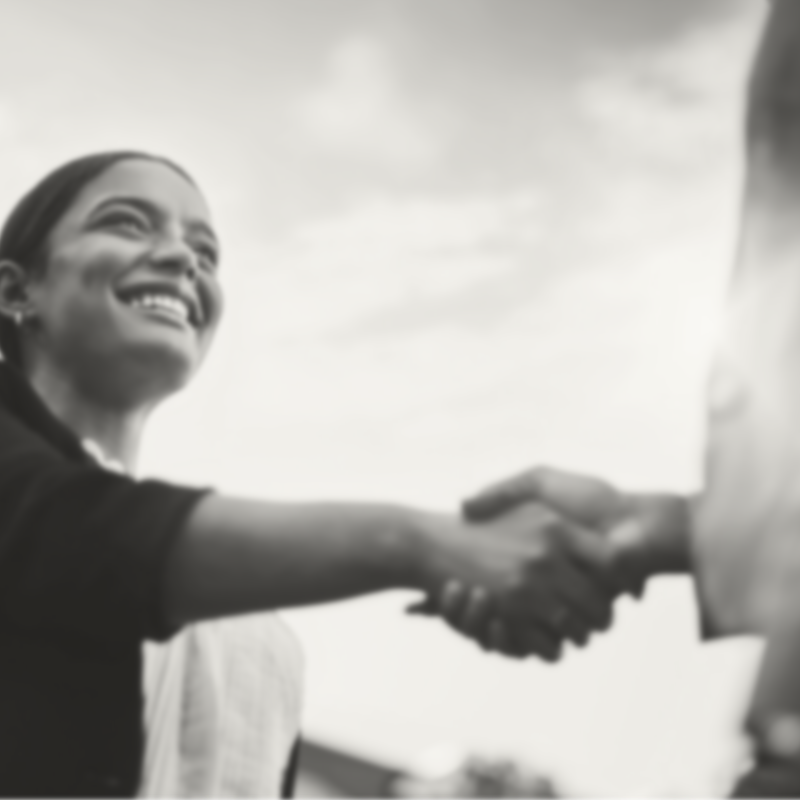 A stock image of a woman in frame shaking hands with a man mostly out of frame with a greyscale and blur filter applied.