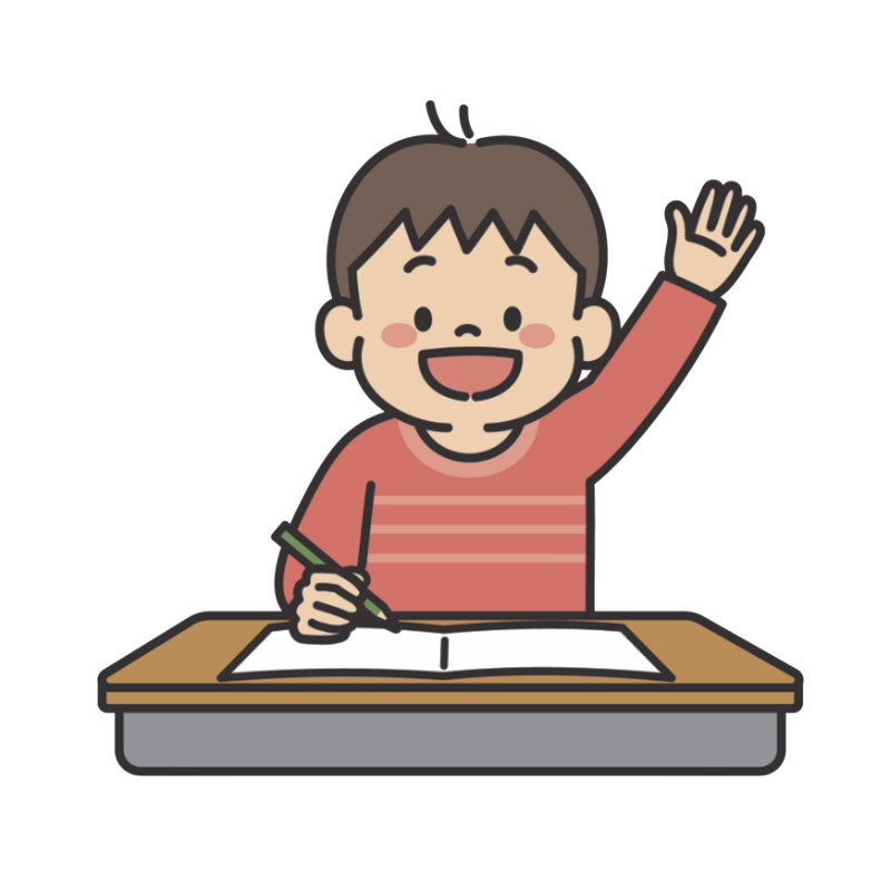 Young learner sat at desk raising hand
